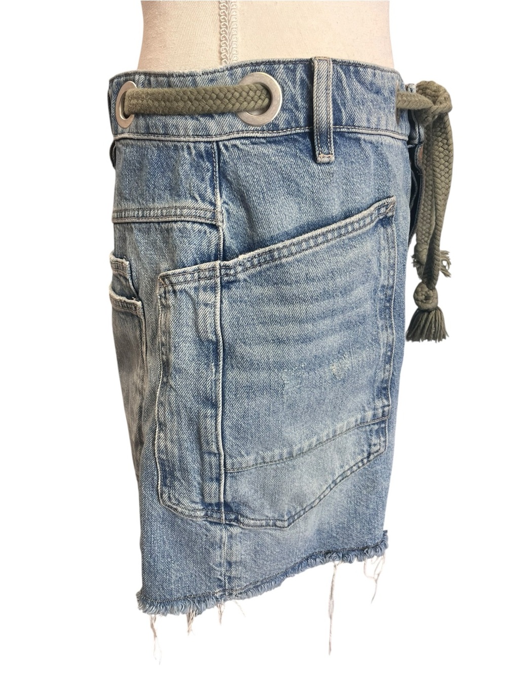 We The Free Light Blue Denim High Waist Shorts with Olive Rope Belt - Picture 4 of 9